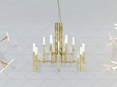 Modern Golden Chandelier With Multiple Arms And Candle Bulbs On White Geometric Wall 3d model