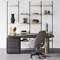 Modern Dark Wooden Desk With Ergonomic Chair Table Lamp Books And Stylish Bookshelf