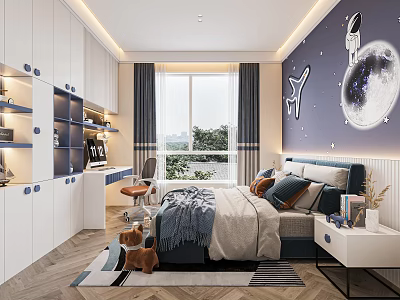 Modern Kids Room Interior With Starry Wall Astronaut Decor Bed Study Desk And Toys 3d model