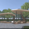 Modern Wooden Pergola with Curved Roof Surrounded by Trees Lawn and Benches on Paved Floor