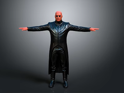 Bald Man In Black Leather Coat With Sunglasses And Arms Outstretched On Gray Background 3d model