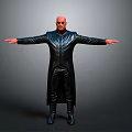 Bald Man In Black Leather Coat With Sunglasses And Arms Outstretched On Gray Background