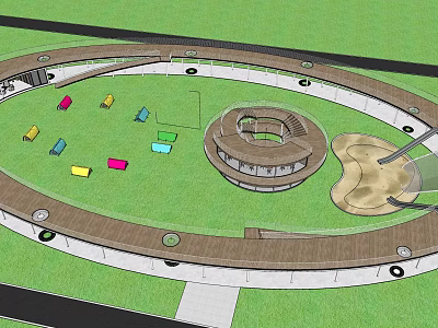 Circular Public Park Design With Green Lawn Colorful Blocks And Spiral Structure 3d model