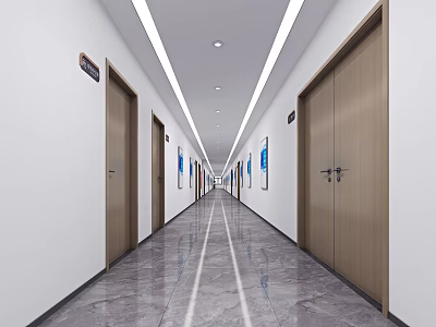 Office Corridor Interior With White Walls Wooden Doors Shiny Marble Floor And Ceiling Light Strips 3d model