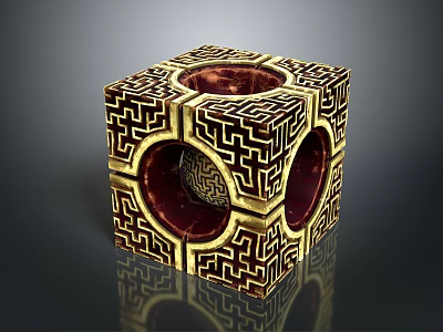 Intricate Decorative Cube With Gold Geometric Patterns And Circular Holes For Home Use 3d model