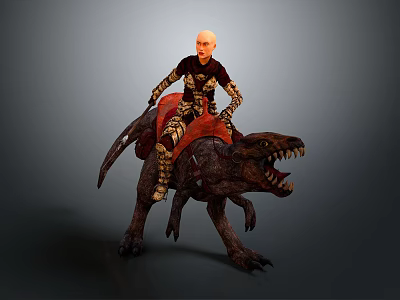 Armored Warrior Riding Fierce Reptilian Beast With Sharp Teeth And Red Saddle 3d model