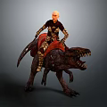 Armored Warrior Riding Fierce Reptilian Beast With Sharp Teeth And Red Saddle