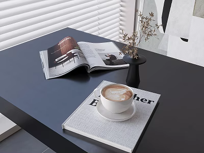 Creamy Latte Coffee on Ether Mat with Open Magazine and Dried Flowers in Black Vase 3d model