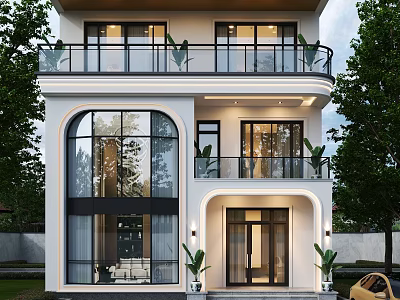 Modern Two Story Detached Villa With Large Windows Balconies And Front Plants 3d model