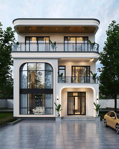 Modern Two Story Detached Villa With Large Windows Balconies And Front Plants 3d model