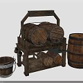 Vintage Wooden Barrel Storage Furniture With Rack Two Large Barrels And Small Bucket