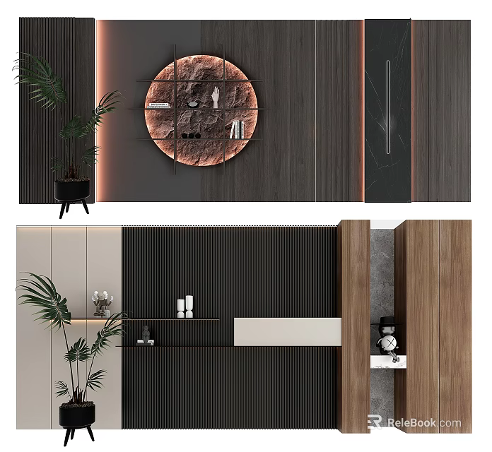 Modern Background Wall Design With Round Decor Panel Striped Wood And Shelves 3d model 