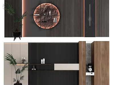 Modern Background Wall Design With Round Decor Panel Striped Wood And Shelves 3d model