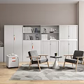 Casual Sofa Set With Gray Accent Chairs Wooden Legs White Cabinets Bookshelf And Geometric Rug