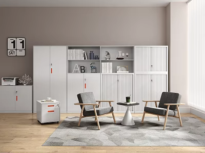 Casual Sofa Set With Gray Accent Chairs Wooden Legs White Cabinets Bookshelf And Geometric Rug 3d model