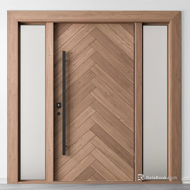 Modern Hinged Door With Wooden Herringbone Pattern And Glass Panels 3d model 
