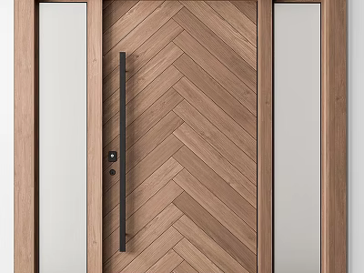 Modern Hinged Door With Wooden Herringbone Pattern And Glass Panels 3d model