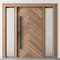 Modern Hinged Door With Wooden Herringbone Pattern And Glass Panels