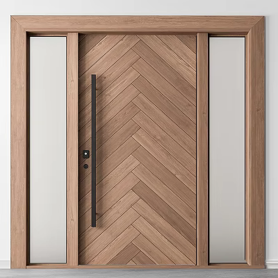 Modern Hinged Door With Wooden Herringbone Pattern And Glass Panels 3d model