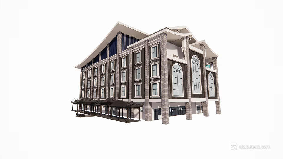 Multi Story Commercial Complex Featuring Stone Facade Arched Windows And Sloped Roof Design 3d model 