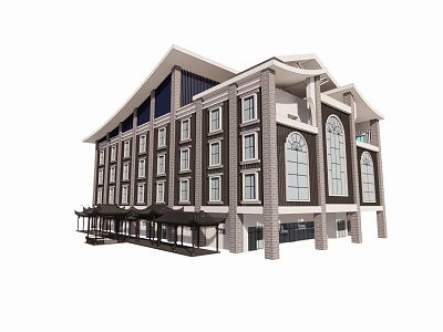 Multi Story Commercial Complex Featuring Stone Facade Arched Windows And Sloped Roof Design 3d model