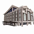 Multi Story Commercial Complex Featuring Stone Facade Arched Windows And Sloped Roof Design