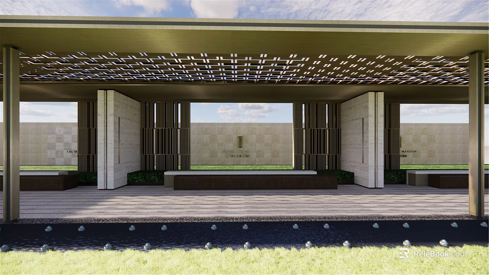 Modern Outdoor Pergola With Lattice Roof Stone Columns Water Feature And Lawn 3d model 