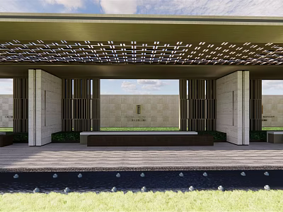 Modern Outdoor Pergola With Lattice Roof Stone Columns Water Feature And Lawn 3d model