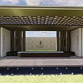 Modern Outdoor Pergola With Lattice Roof Stone Columns Water Feature And Lawn