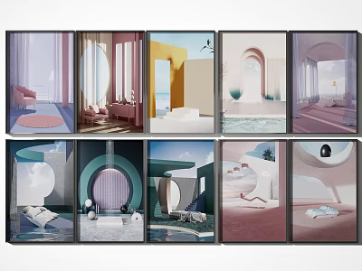 Modern Landscape Paintings With Pastel Colors Archways Circular Windows Furniture And Coastal Views 3d model