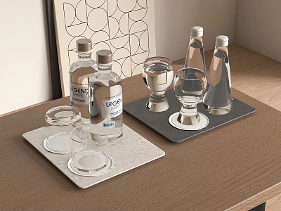 Stylish Glass Cups On Marble Trays With Bottles And Lids On Wooden Table 3d model