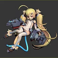Game Anime Character With Blonde Twin Tails Red Eyes And Mechanical Ship Parts
