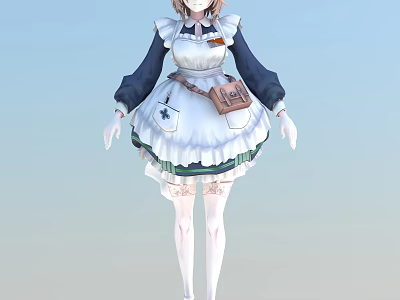 Woman In Classic Maid Outfit With White Apron Long Sleeves And Lace Trim 3d model