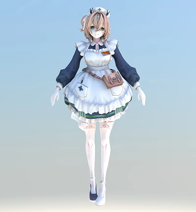 Woman In Classic Maid Outfit With White Apron Long Sleeves And Lace Trim 3d model