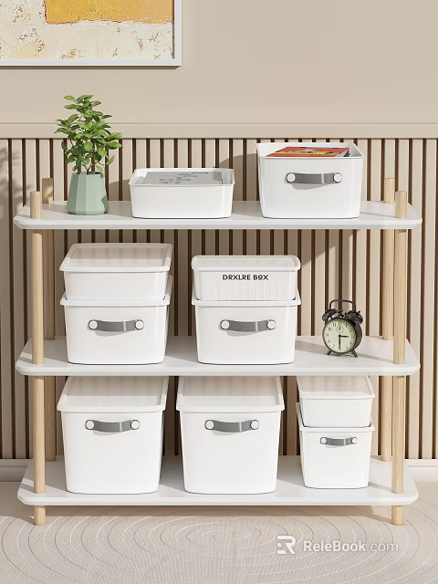 Decorative Storage Combination With White Storage Boxes Green Plant And Vintage Alarm Clock On Shelf 3d model 