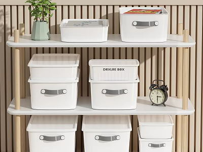 Decorative Storage Combination With White Storage Boxes Green Plant And Vintage Alarm Clock On Shelf 3d model