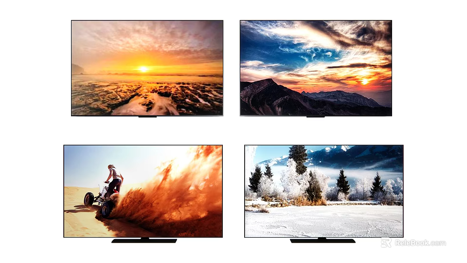 TV displaying stunning scenic pictures with sunrise over mountains desert and snowy forest scenes 3d model 