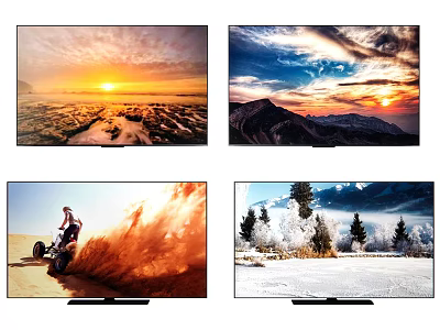 TV displaying stunning scenic pictures with sunrise over mountains desert and snowy forest scenes 3d model