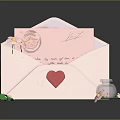 Decorative Ornament Set with Envelope Card Pink Flowers Heart and Glass Jar