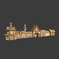 Cartoon Village Scene With Fairy Tale Style Buildings Spire Towers And Wooden Roofs