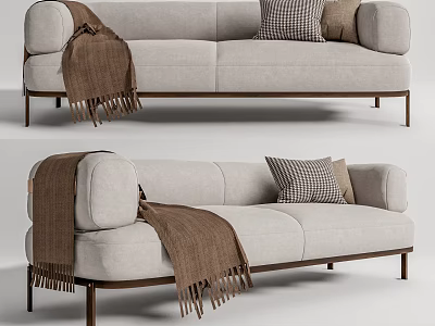 Light Colored Two Seater Sofa With Checkered Pillows Brown Blanket And Dark Legs 3d model