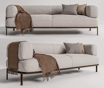 Light Colored Two Seater Sofa With Checkered Pillows Brown Blanket And Dark Legs 3d model