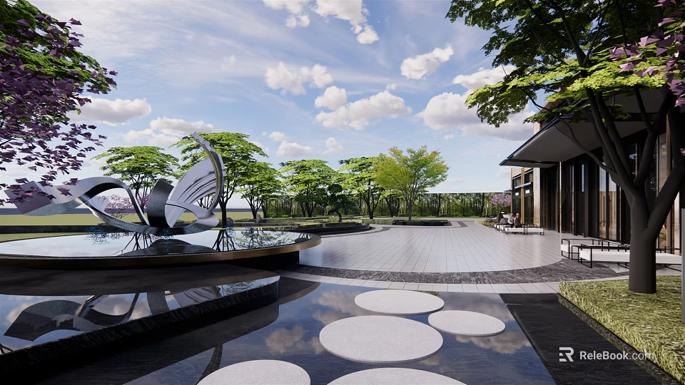 Modern Garden Landscape With Water Feature Circular Stepping Stones Green Trees And Sculpture 3d model 