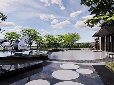 Modern Garden Landscape With Water Feature Circular Stepping Stones Green Trees And Sculpture 3d model