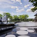 Modern Garden Landscape With Water Feature Circular Stepping Stones Green Trees And Sculpture