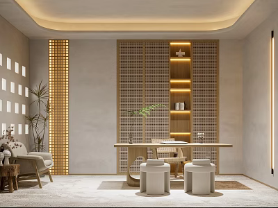 Modern Office Interior with Beige Walls Wooden Lattice Green Plants Long Table Chairs And Stools 3d model