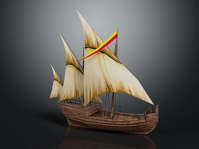 Classic Wooden Sailing Ship With Cream Sails And Red Yellow Stripe Details 3d model