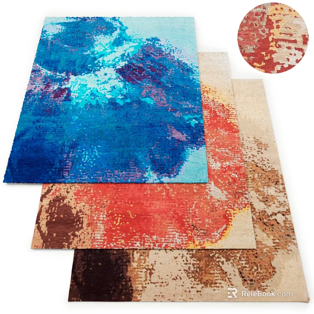 Square Rugs Featuring Abstract Art Patterns In Blue Red Brown Color Tones 3d model 