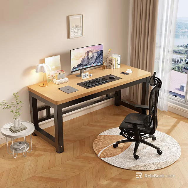 Wooden Office Desk With Black Metal Frame And Ergonomic Chair For Home Workspace 3d model 
