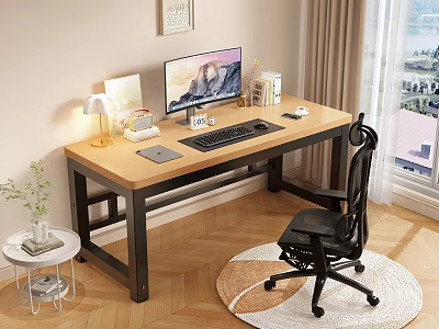 Wooden Office Desk With Black Metal Frame And Ergonomic Chair For Home Workspace 3d model